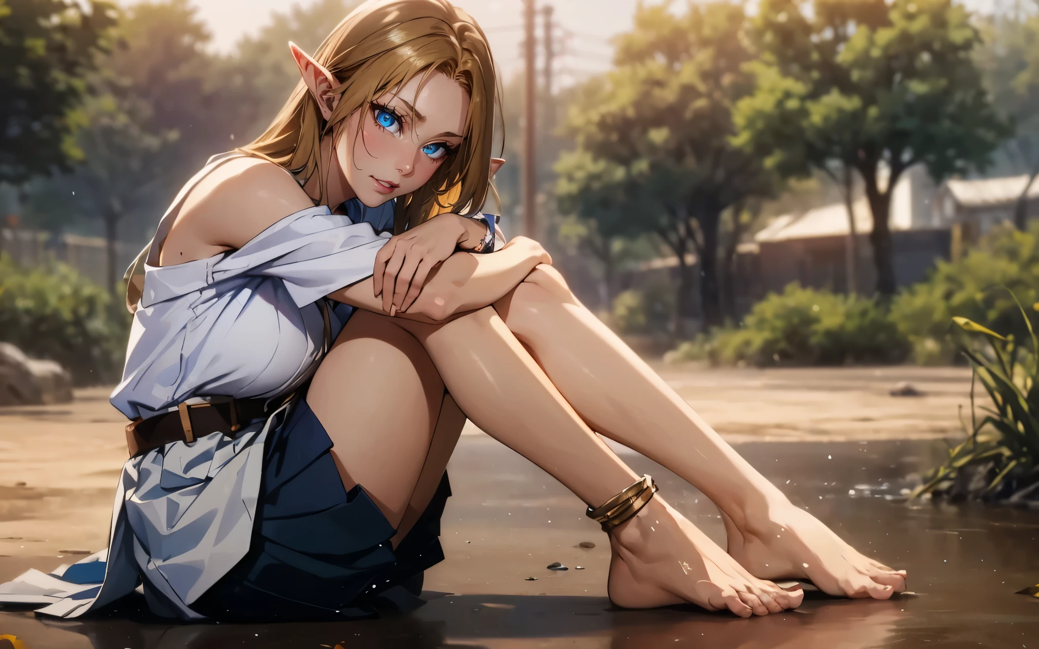 AlphaNDV, 1girl, blonde hair, blue eyes, large breasts, very long hair, elf, pointy ears, anatomically correct, barefoot, 1girl, feet, skirt, large_breasts, breasts, toes, looking_at_viewer, shirt, solo, black_skirt, sitting, outdoors, day, jewelry, bare_legs, bare_shoulders, white_shirt, lips, soles, off_shoulder, tree, belt, pleated_skirt, sleeveless, "glow effects, godrays, Hand drawn, render, 8k, octane render, cinema 4d, blender, dark, atmospheric 4k ultra detailed, cinematic, Sharp focus, big depth of field, Masterpiece, colors, 3d octane render, 4k, concept art, trending on artstation, hyperrealistic, Vivid colors, extremely detailed CG unity 8k wallpaper, trending on CGSociety, Intricate, High Detail, dramatic", anime coloring, anime screencap,
