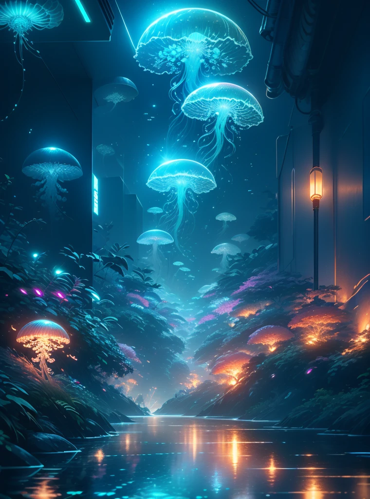 "(best quality,high resolution,super detailed),(actual:1.37) Jellyfish swimming in a cyberpunk style fish tank,mechanical tentacles,Futuristic lighting effects,neon color,Reflective glass water tank,cityscape background,Digital display shows water temperature and pH value,Steam rises from the surface,Highlight bioluminescence,Light-emitting circuit lines,Subtle holographic projection of fish,Exciting visual dynamics,Metallic feeling,High-tech aesthetics,Artificial intelligence guides jellyfish movements,ethereal atmosphere,Stylish design,Smooth animations,sharp focus"