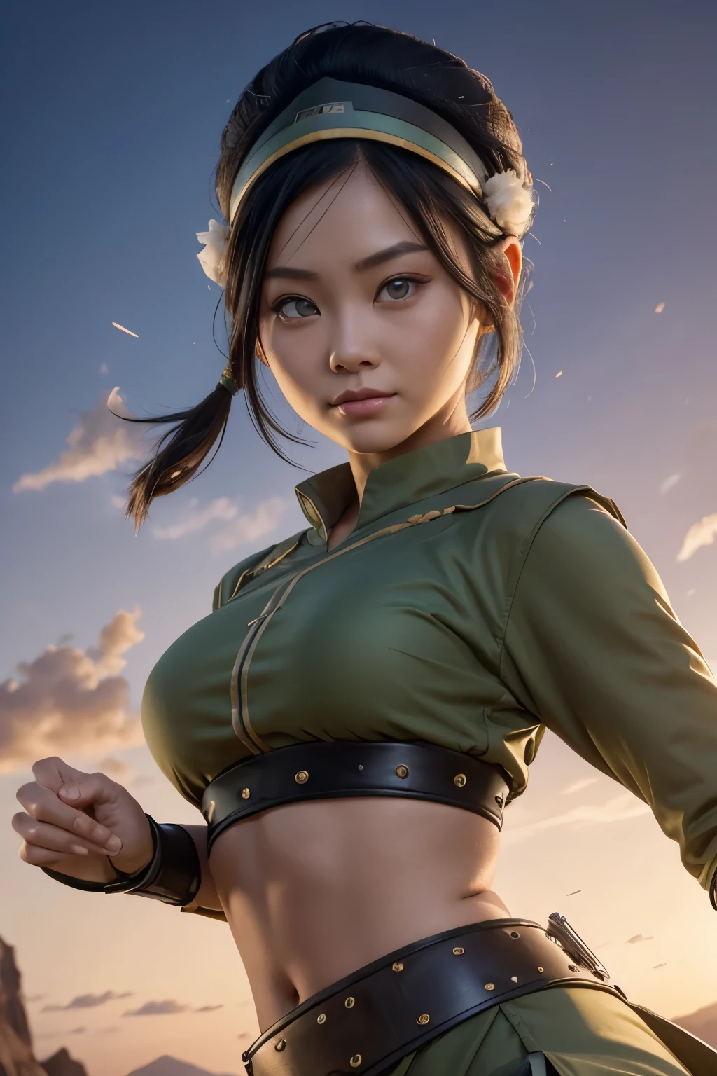 Toph beifong from アバター, ((トフ・ベイゴン)), アースベンダーの服, 地球の部族の服, トフの服, 大きな胸と広い腰, 完璧でふっくらとした唇, 見る人を見つめる丸い大きな目, ((コンドルの仕事)), 青白い肌, 湾曲した体,  アバター the legend of aang, アバター, アースベンダーの背景, 黒髪をヘッドバンドでまとめたお団子 , 細部への注意, 集中, 鋭さ, 不条理な詳細, リアリズム, hyper 集中, 完璧な指, きちんと描かれた唇, クリアな顔, パステル調の色, フルHD, 4K, 高解像度, ダイナミックなポーズ, クリアな顔s, ソフトな表現, 優しい笑顔  