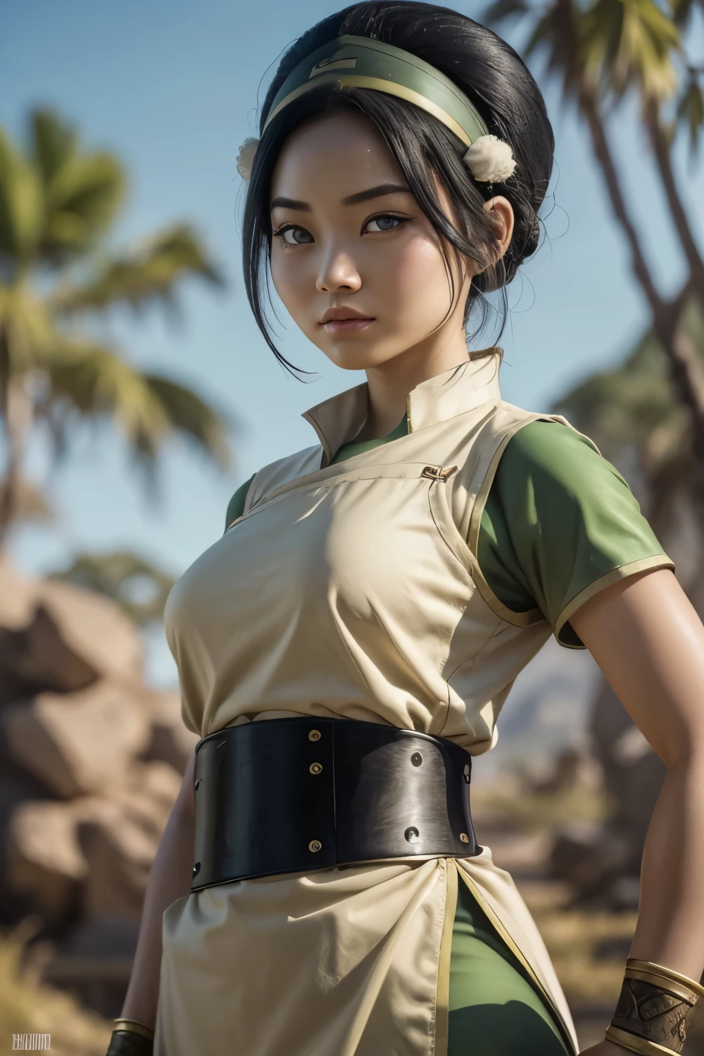 Toph beifong from 阿凡达, ((Toph beigong)), 縛地者衣服, 地球部落的衣服, 上衣衣服, 大胸寬臀, 完美飽滿的嘴唇, 圓圓的眼睛看著觀眾, ((拉娜康多爾)), 皮膚蒼白, 彎曲的身體,  阿凡达 the legend of aang, 阿凡达, 地球彎曲者背景, 黑髮用髮帶綁成髮髻 , 注重细节, 重點, 清晰度, 荒谬的细节, 現實主義, hyper 重點, 完美的手指, 精心绘制的嘴唇, 清晰的臉, 柔和色調的顏色, 全高清, 4k, 高解析度, 動態姿勢, 清晰的臉s, 柔和的表情, 溫柔的微笑  