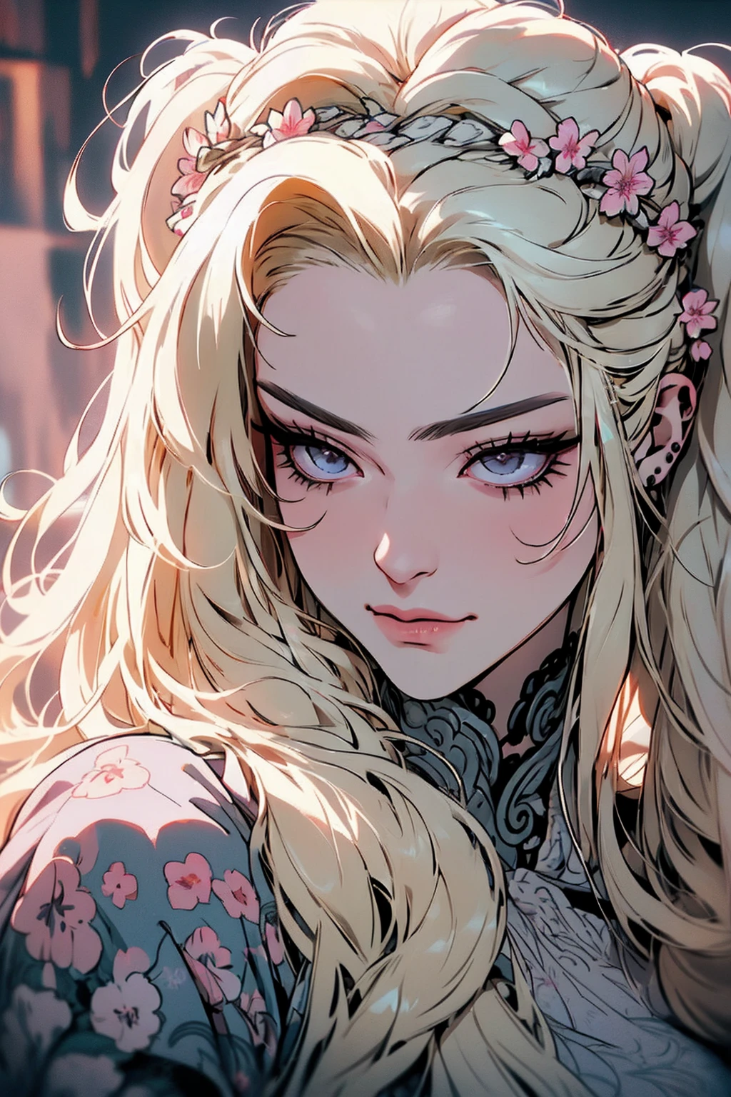 hyperrealistische Darstellung einer geheimnisvollen Frau mit wallendem blondem Haar, Pferdeschwanz, durchdringende graue Augen, und einer zarten Blumenkrone, zartes Lächeln, Oberkörper