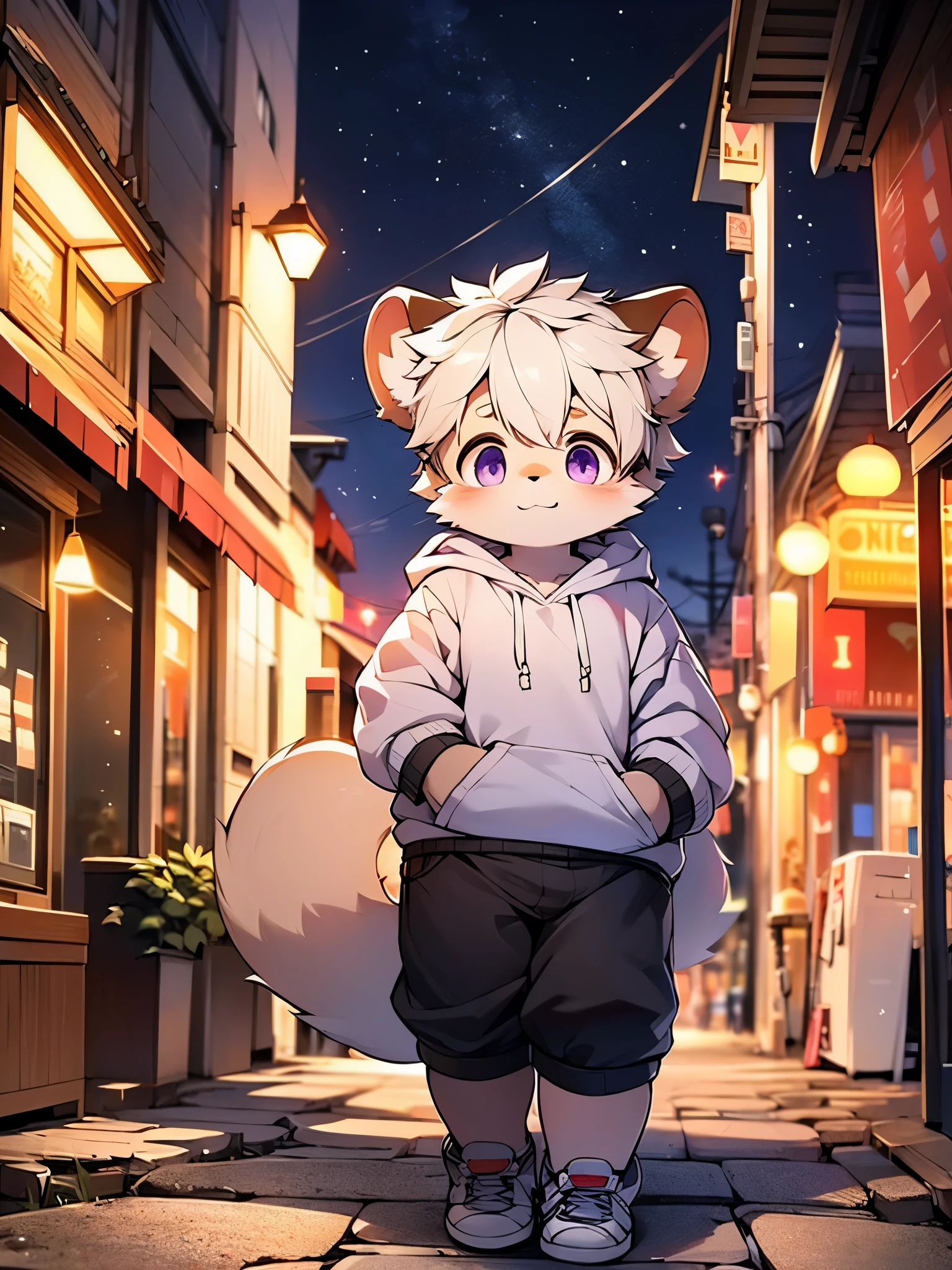 Tanuki，little boy，Lovely，solo，brown and white hair，big purple eyes，There is a blush on the face，Smile，Tail，Hoodie，black shorts，white sneakers，walk，night，City，hands in pockets，bright street light，blue-black stone road，Empty streets，starry sky，shadow，Detailed facial portrayal，Rembrandt light and shadow，Super fine