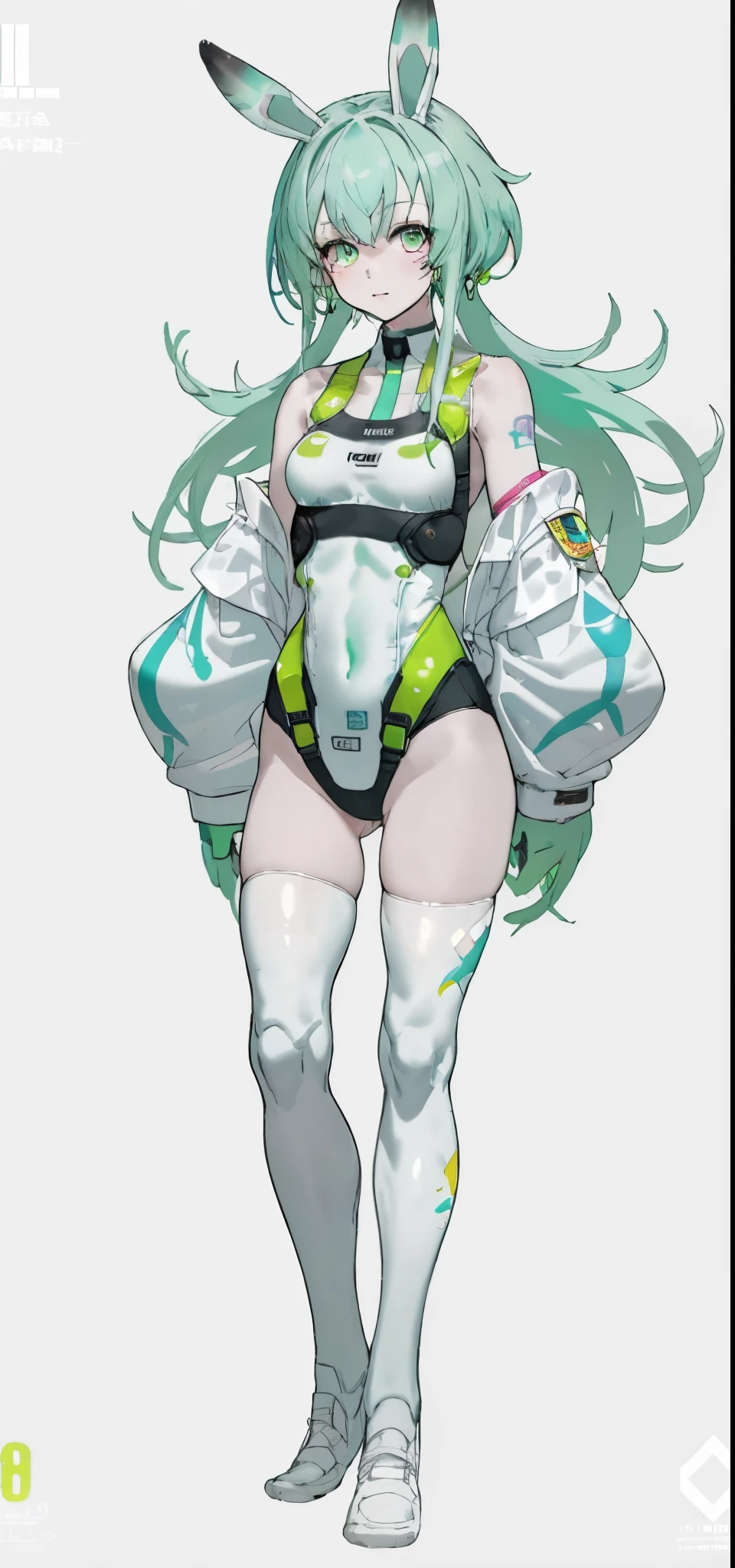 Rabbit technique , science fiction, fluffy , 1 girl, tattoo, Glowing tattoo, glowing eyes, Colorful glowing hair , （Full body female love）, green hair, Kavitek, pastel colors, kawaii, cutecolors,White knee-high socks，no shoes，Deep V one-piece swimsuit