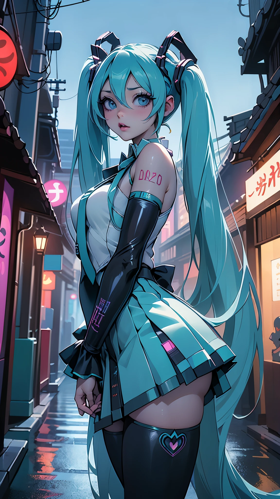 (La Best Quality,A high resolution,Ultra - detailed,actual),Ariana Grande, chica Anime cosplay, Anime cosplay, (Hatsune MikuCosplay:1.4) , cosplay photo, two white tails_gloves, cosplay, cute anime waifu with a nice dress, anime girl with long hair, anime goddess, elegant and glamorous cosplay, anime girl dressed as a maidMore detailed 8K.unreal engine:1.4,UHD,La Best Quality:1.4, photorealistic:1.4, skin texture:1.4, masterpiece:1.8,first work, Best Quality,object object], (detailed face features:1.3),(The correct proportions),(Beautiful blue eyes),  (cowboy pose), ,( cyberpunk 2.1), (kawaii costumes :1.4), (fingers detailed :1.4), (Perfect anatomy), (tokyo night alley background:1.4) 