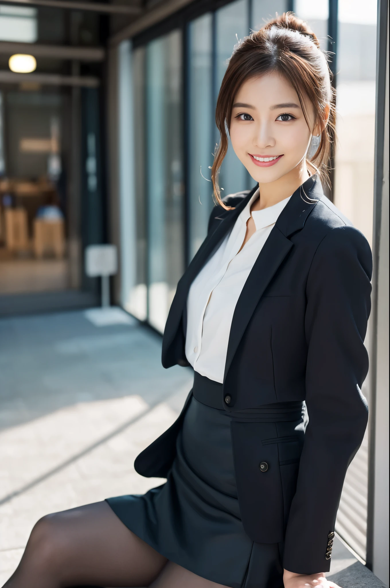 1 girl, (dark suit、Tight Skirt、long coat、high heels:1.2), beautiful japanese actress, (RAW photo, highest quality), (realistic, Photoreal:1.4), masterpiece, very delicate and beautiful, very detailed, 2k wallpaper, wonderful, finely, Very detailed CG Unity 8k 壁紙, Super detailed, High resolution, soft light, beautiful detailed girl, very detailed目と顔, beautifully detailed nose, beautiful and detailed eyes, cinematic lighting、office Street、Working、perfect anatomy, slender body, smile