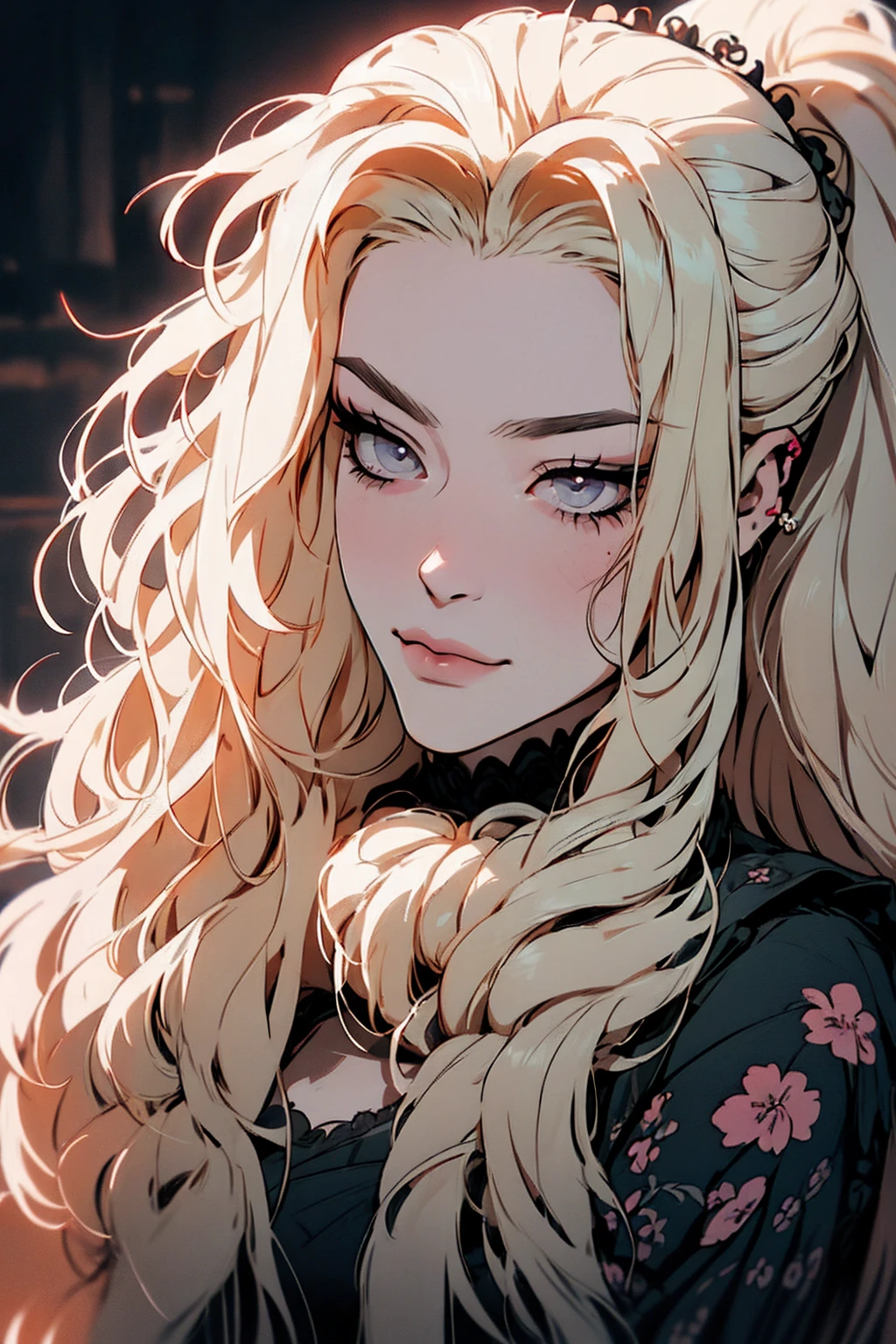 hyper-realistic  of a mysterious woman with flowing blond hair, pony tail, piercing gray eyes, and a delicate floral crown, delicate smile, upper body