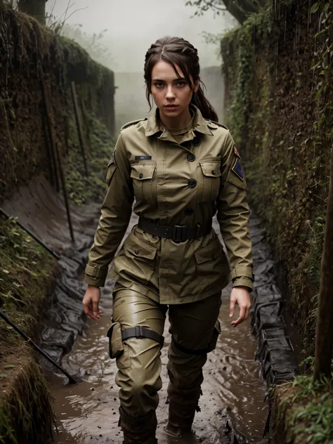4K UHD photo, busty female soldier in a trench, dark:1.1, muddy terrain, rainy and wet, masterpiece, (in the style of mandy jurg...