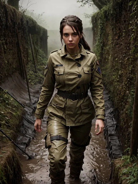 4k uhd photo, busty female soldier in a trench, dark:1.1, muddy terrain, rainy and wet, masterpiece, (in the style of mandy jurg...