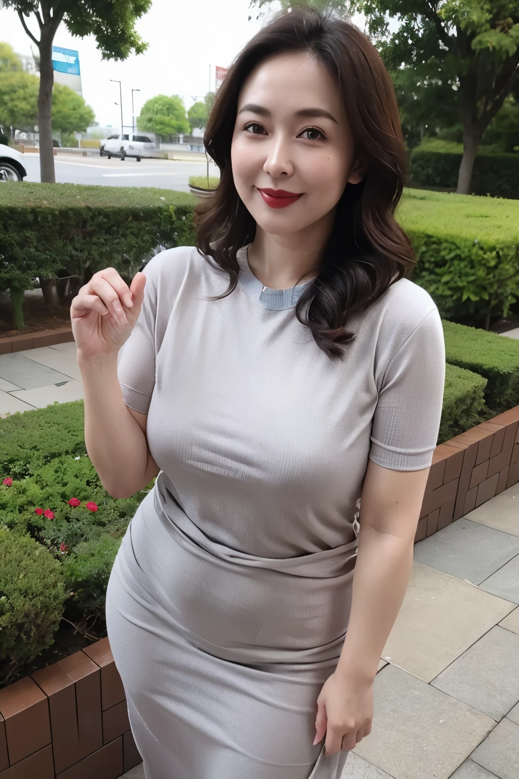 Draw lips correctly, red lipstick, from chest up, best quality, Super detailed, lifelike, Super fine skin, perfect anatomy, (1 Japanese Mature Woman), (alone)，Wearing a gray crew neck sweater dress，short sleeve，wavy long hair，3 female，Mature，charming smile，garden background，stand，Slightly fat，medium chest，intact finger，full-body shot。
