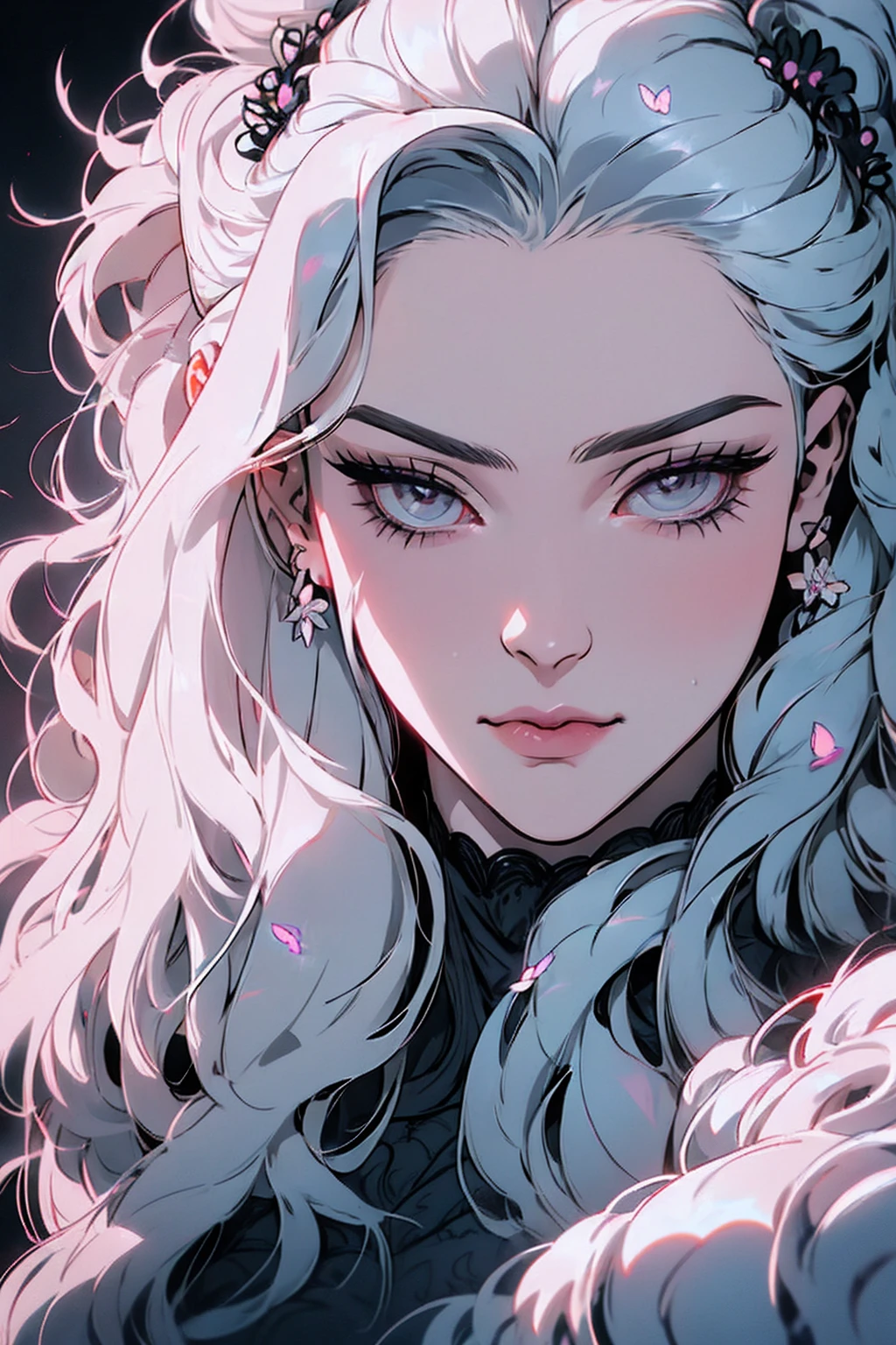 hyper-realistic  of a mysterious woman with flowing gray hair, pony tail, piercing opal eyes, and a delicate floral crown, delicate smile, upper body