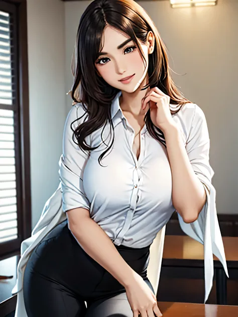 this beautiful teacher、He wore a simple and elegant white shirt and black slim pants。, Showing off her tall figure and graceful ...