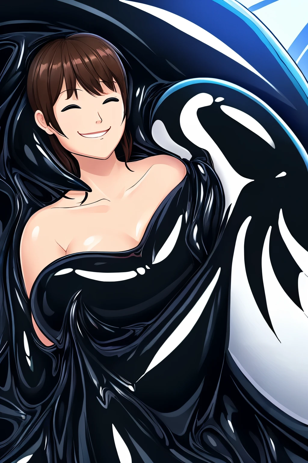 Anime girl with black hair and a black dress with a white and black design  - SeaArt AI