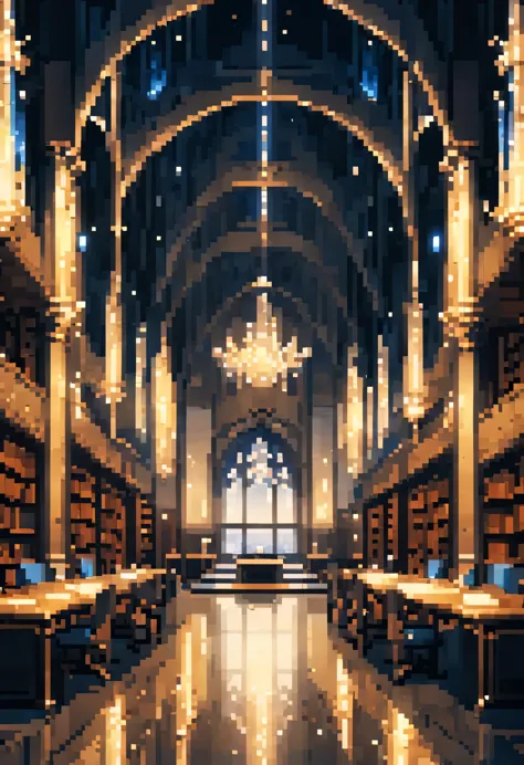 a great hall as a library with bright gold lights and futeristic crystals minimalism, anime, jpeg artifacts, eye-level shot, atm...