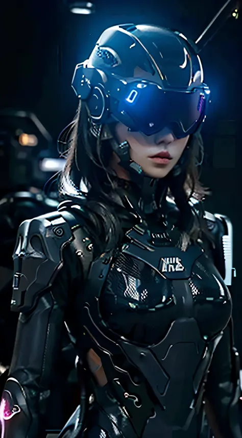 surreal, miss , Dress up in futuristic VR, dark background, high quality images, ,(Wearing a thick high-tech head-mounted displa...