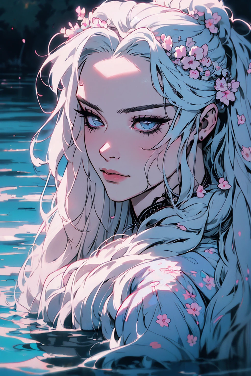 hyper-realistic  of a mysterious woman with flowing gray hair, pony tail, piercing opal eyes, and a delicate floral crown, delicate smile, on the water, upper body