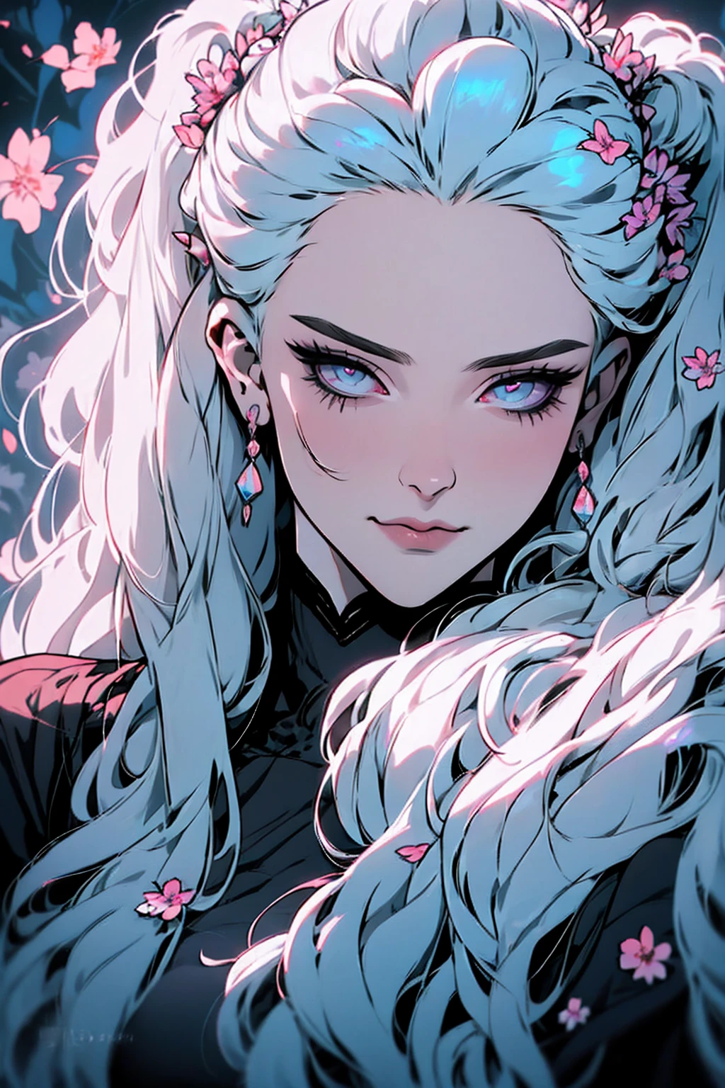 hyper-réaliste d&#39;une femme mystérieuse aux cheveux gris flottants, queue de cheval, yeux d&#39;opale perçants, et une délicate couronne florale, sourire délicat, haut du corps
