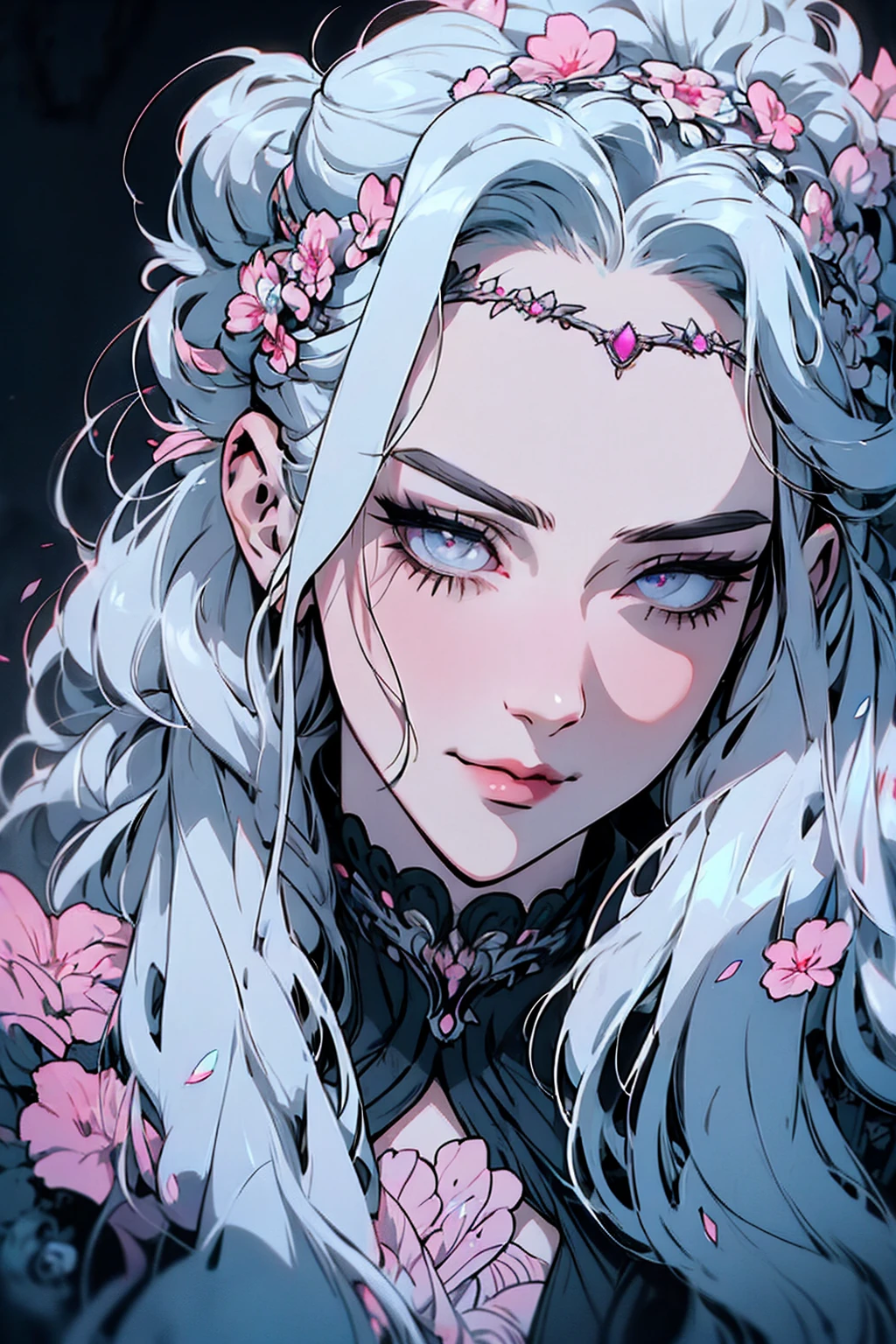hyper-réaliste d&#39;une femme mystérieuse aux cheveux gris flottants, queue de cheval, yeux d&#39;opale perçants, et une délicate couronne florale, sourire délicat, haut du corps