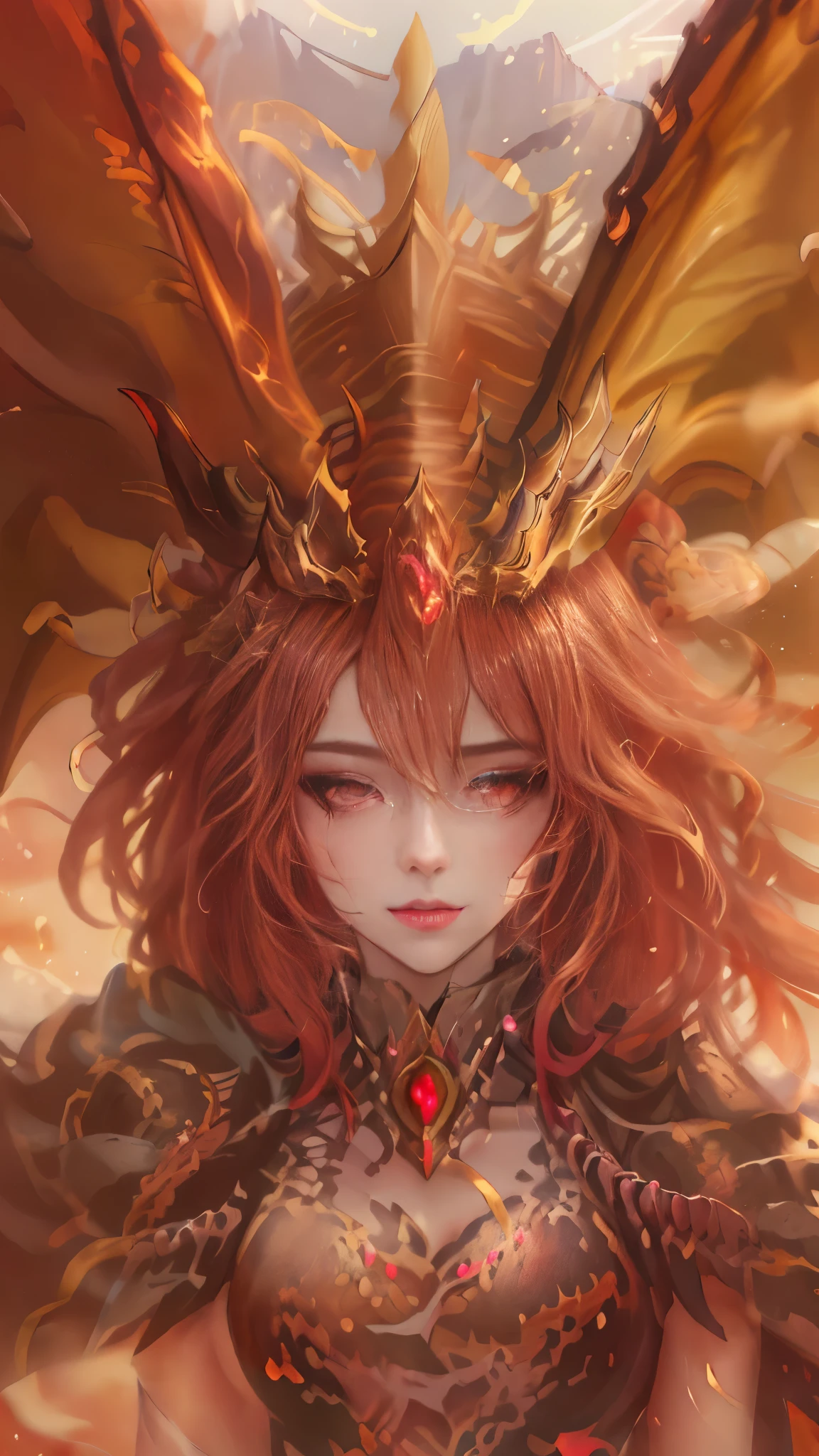 Anime girl with red hair and wings in desert environment, dragon girl, Dragon Queen, queen of dragons, dragon girl Portrait, by ヤン・J, beautiful succubus, detailed digital anime art, detailed anime art, anime fantasy illustration, epic fantasy art style, detailed anime artワーク, fusion of humans and dragons, anime fantasy artwork, background dragon, epic anime artwork
