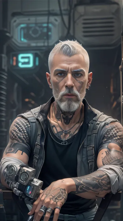 thin man, serious face, male,gray hair, barba curta, with cybernetic arm, robotic arm, with robotic prosthesis,implants on face,wearing comfortable clothes, jeans cinza, camisa regata cinza, t-shirt, shirt, tattoo on upper arm,with all hair shaved, very sh...