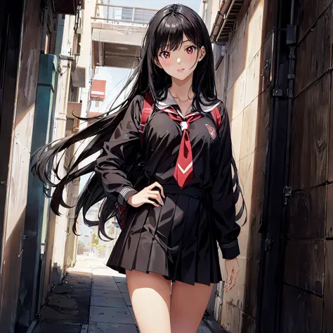 (ultra-detailed, highres, realistic:1.2), cute 16-year-old girl, 1.60m tall, long black hair, red eyes, school uniform, perfect ...