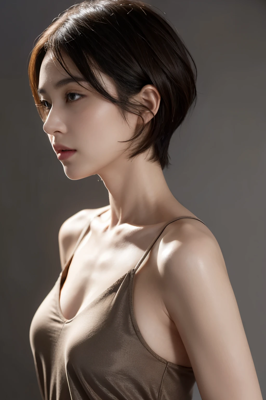 A woman with a very short hair wearing a brown top - SeaArt AI