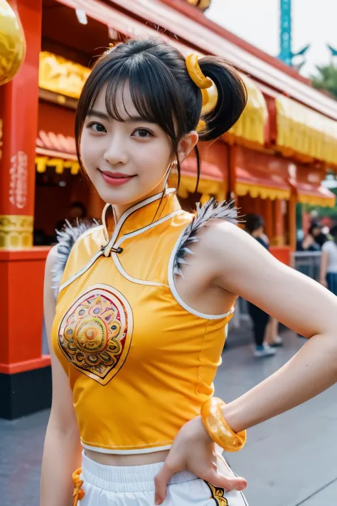 (masterpiece, highest quality:1.2), alone, 1 girl, Upper body,Lin Xiaoyu, slight smile, twin tails, Chinese service, Orange Cheongsam, white shorts, No sleeve, jewelry, bracelet,amusement park