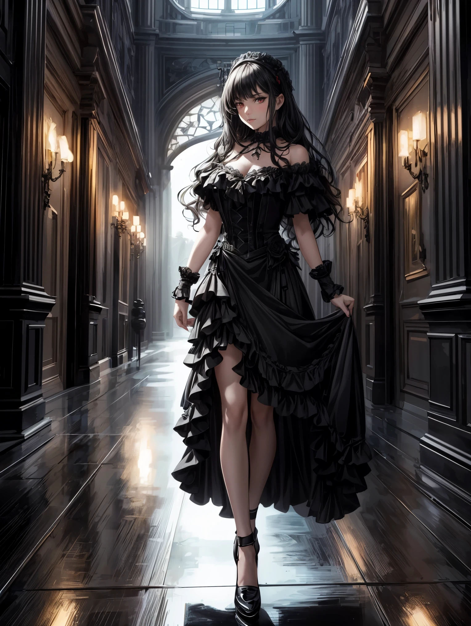 (best quality,4k,8k,highres,masterpiece:1.2),ultra-detailed,(realistic,photorealistic,photo-realistic:1.37),gothic girl,long black hair,red eyes,detailed face and eyes,16-year-old girl,1.60 meters tall,black dress,gothic atmosphere,dark background,dramatic lighting,vivid colors,portraits,sharp focus,((full body))