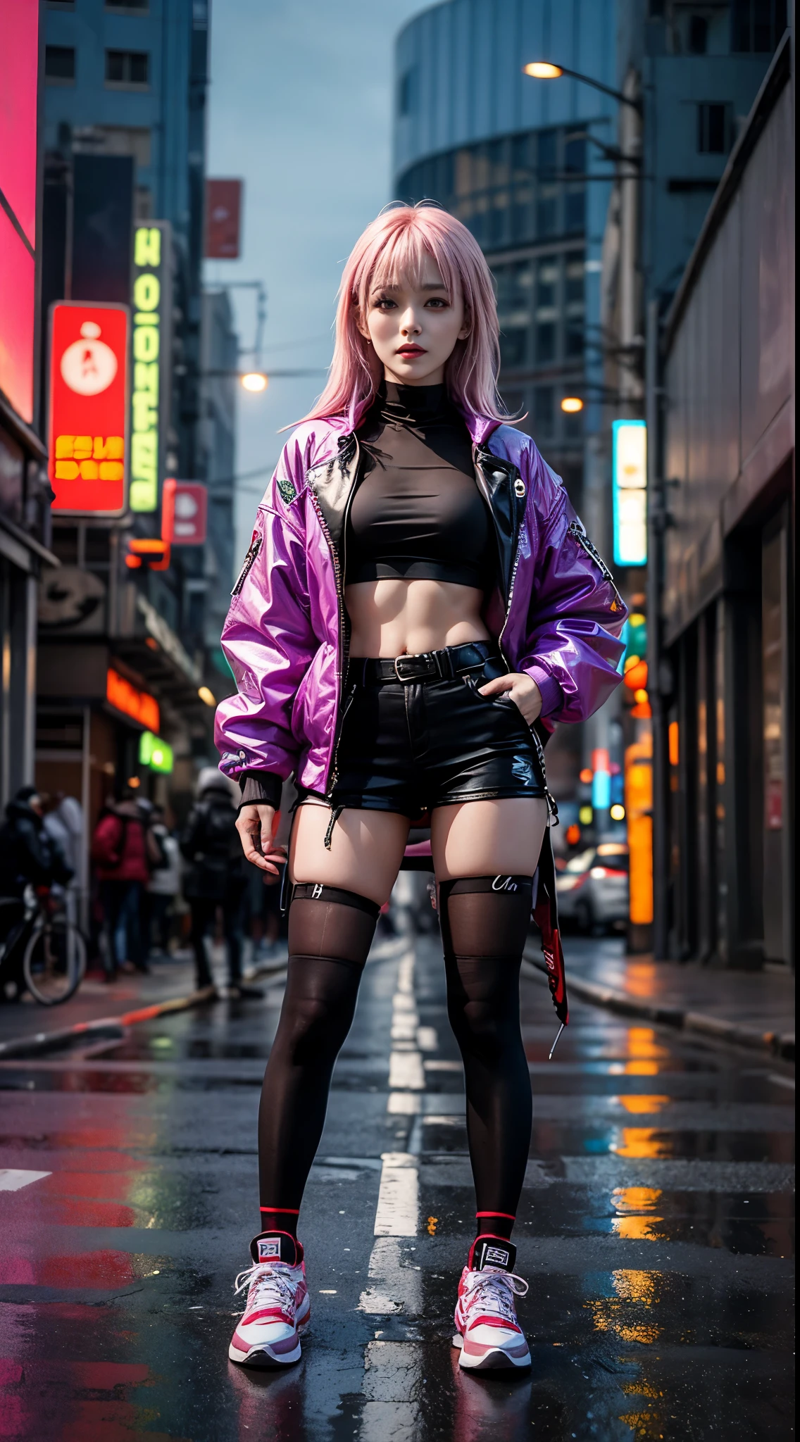 Chica anime posando en la calle de la ciudad，pelo largo y rosa，estilo punk vena，Ropa de calle ciberpunk，chica anime cyberpunk femenina，chica anime ciberpunk，Wear Ropa de calle ciberpunk，ropa de moda ciberpunk，Chica Cyberpunk Fashion Clothinodel con estilo cyborg，estilo ciberpunk，estilo ciberpunk clothing，estilo ciberpunk colors，traje ciberpunk