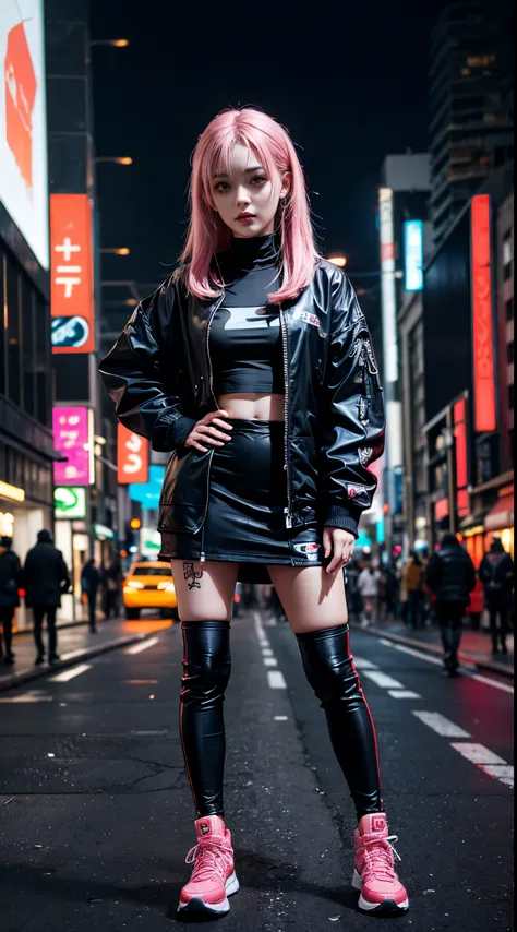 Anime girl posing on city street，long pink hair，vein punk style，cyberpunk streetwear，Female Cyberpunk Anime Girl，cyberpunk anime...