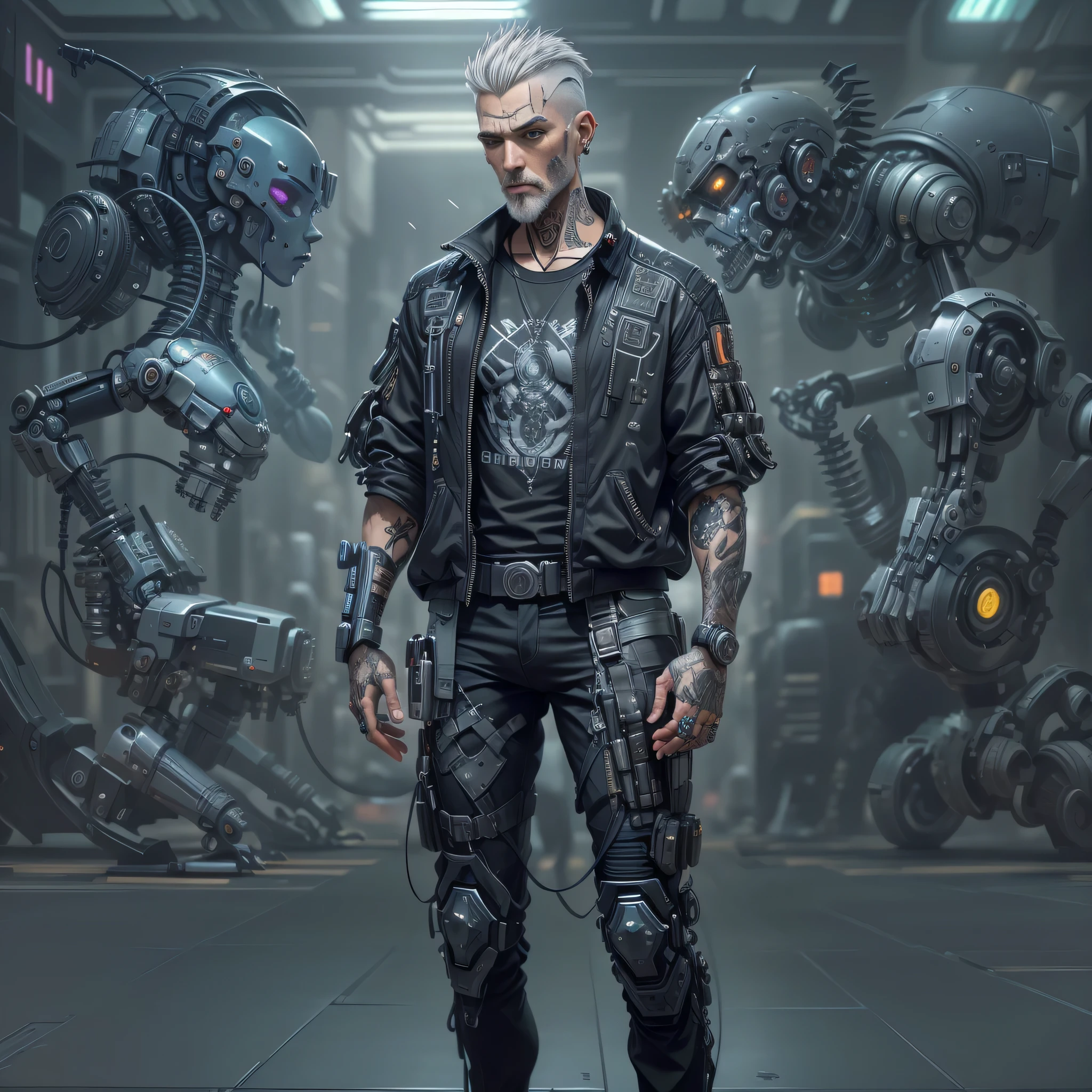 thin man, serious face, male,gray hair, barba curta, with cybernetic arm, robotic arm, with robotic prosthesis,implants on face,wearing comfortable clothes, jeans cinza, camisa regata cinza, t-shirt, shirt, tattoo on upper arm,with all hair shaved, very short hair, full body, cyberpunk, dark cyberpunk, futuristic.