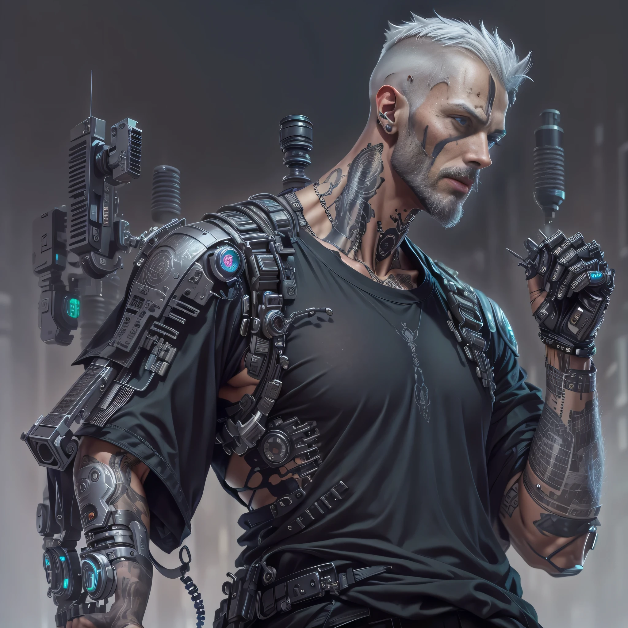 thin man, serious face, male,gray hair, barba curta, with cybernetic arm, robotic arm, with robotic prosthesis,implants on face,wearing comfortable clothes, jeans cinza, camisa regata cinza, t-shirt, shirt, tattoo on upper arm,with all hair shaved, very short hair, full body, cyberpunk, dark cyberpunk, futuristic.