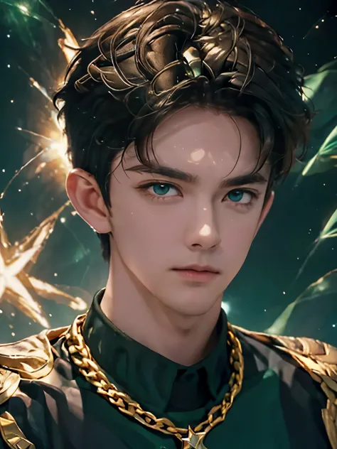 attractive guy , the boy has very short brown hair, emerald eyes, on a black background - galaxy , stars . magical look ! gold c...