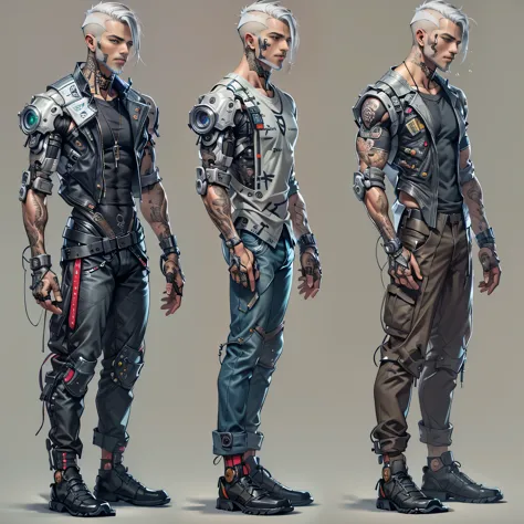 thin man, serious face, male,gray hair, barba curta, with cybernetic arm, robotic arm, with robotic prosthesis,implants on face,wearing comfortable clothes, jeans cinza, camisa regata cinza, t-shirt, shirt, tattoo on upper arm,with all hair shaved, very sh...