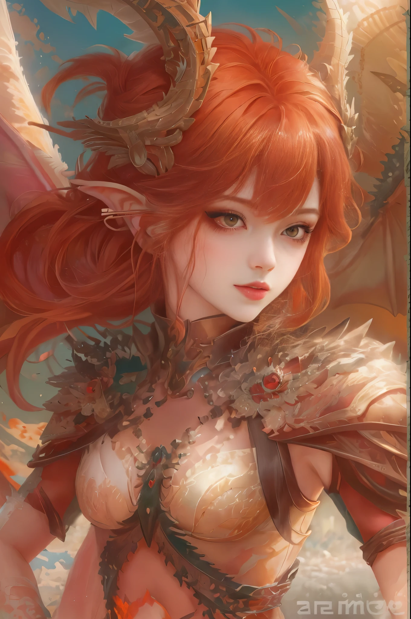 Anime-Mädchen mit roten Haaren und Flügeln in Wüstenumgebung, Drachenmädchen, Drachenkönigin, Königin der Drachen, Drachenmädchen Portrait, von Jan J., schöner Sukkubus, detaillierte digitale Anime-Kunst, detaillierte Anime-Kunst, Anime-Fantasie-Illustration, epischer Fantasy-Kunststil, detaillierte Anime-Kunstワーク, Verschmelzung von Menschen und Drachen, Anime-Fantasie-Kunstwerk, hintergrund drachen, epische Anime-Kunstwerke