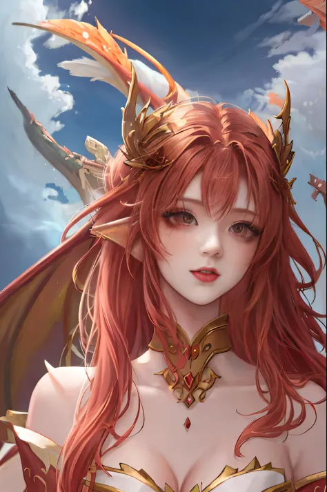 Anime girl with red hair and wings in desert environment, dragon girl, Dragon Queen, queen of dragons, dragon girl Portrait, by ...
