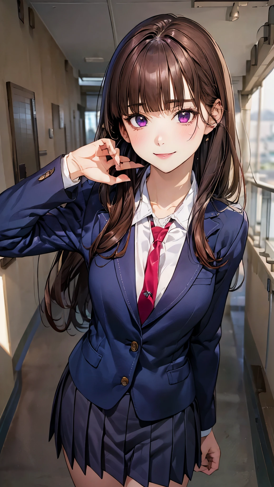 (masterpiece:1.2, top-quality), (realistic, photorealistic:1.4), beautiful illustration, (natural side lighting, movie lighting), nsfw, 
looking at viewer, 1 girl, japanese, high school girl, perfect face, cute and symmetrical face, shiny skin, 
(long hair:1.5, straight hair:1.4, purple brown hair), blunt bangs, purple eyes, long eye lasher, (medium breasts), slender, 
beautiful hair, beautiful face, beautiful detailed eyes, beautiful clavicle, beautiful body, beautiful chest, beautiful thigh, beautiful legs, beautiful fingers, 
((private high school uniform, school navy blazer, close blazer, white collared shirts, navy pleated mini skirt), navy tie), 
(beautiful scenery), evening, (school hallway),, standing, (lovely smile, upper eyes), 