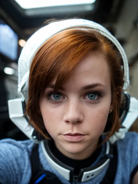 beth, photo of a ginger woman, in space, futuristic space suit, (freckles:0.8) cute face, sci-fi, dystopian, detailed eyes, blue...