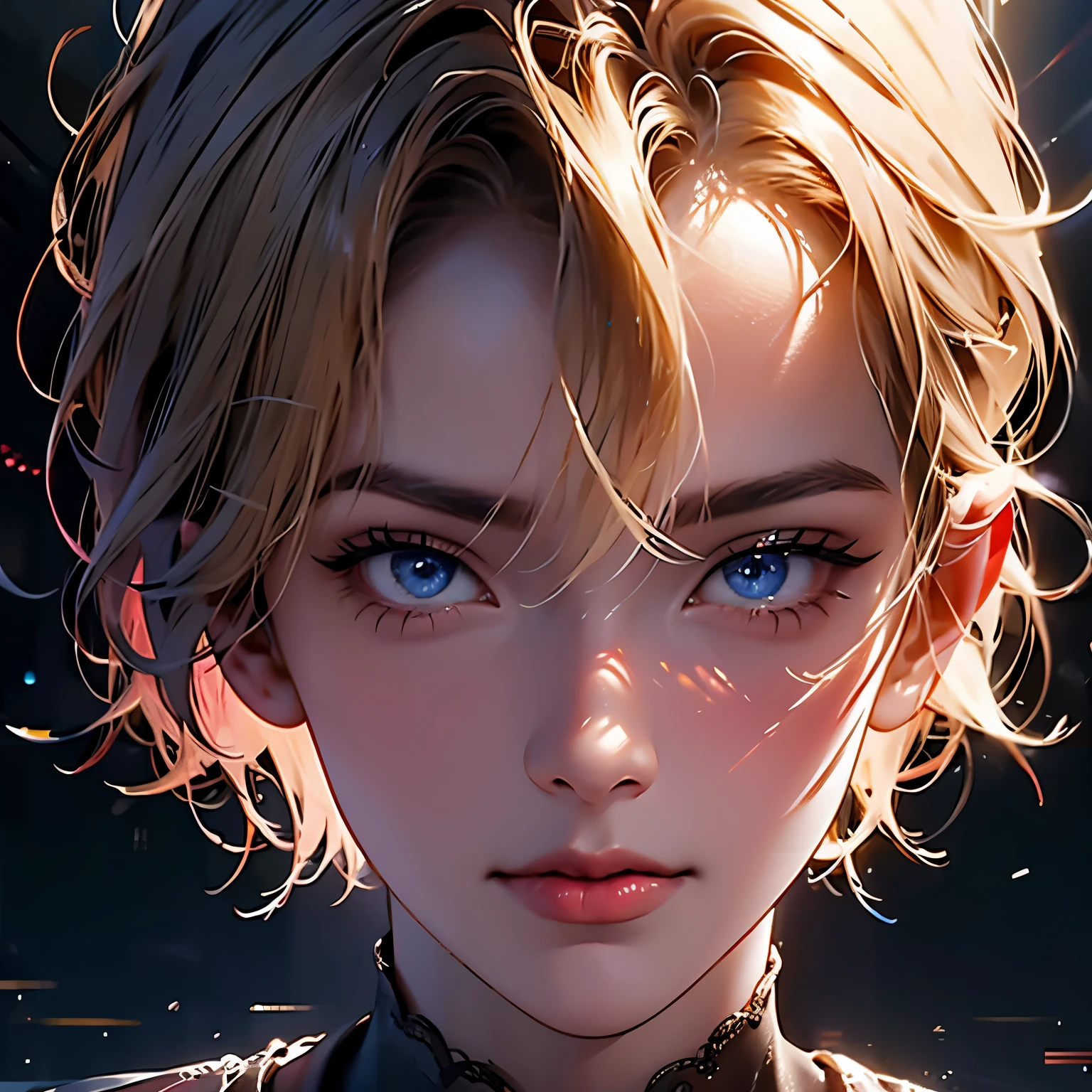 Blonde with short hair , Blue eyes, red angel halo above head, Male, Black background, High detail, decreased