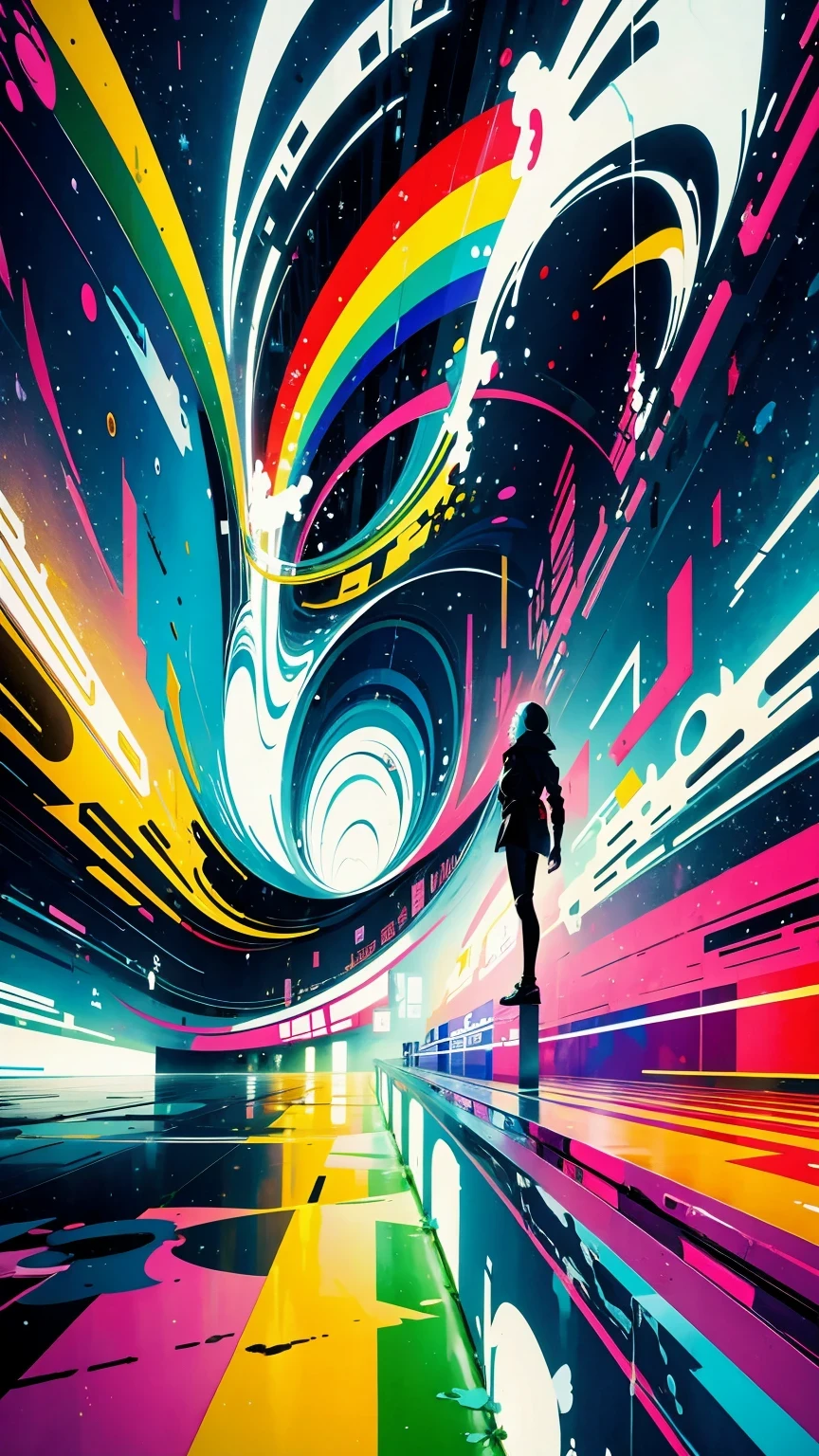 (masterpiece, best quality:1.2), Graffiti漫画，Graffiti, wall, whole picture, High resolution and high contrast,simple,knight，alone，Abstract surreal colors, popular geometric surrealism, rainbow colored dreams