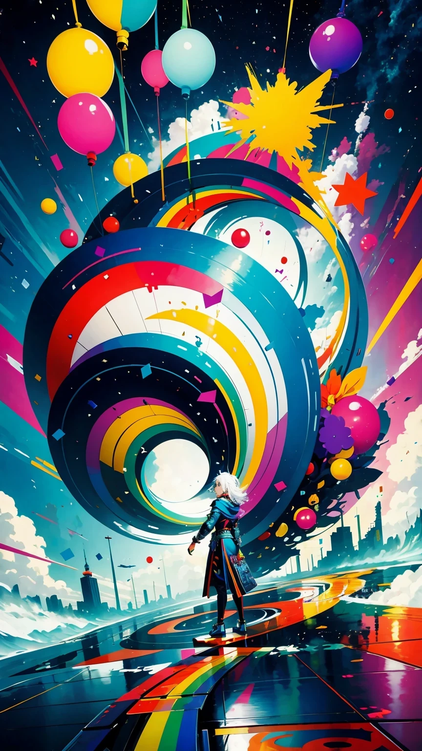 (masterpiece, best quality:1.2), Graffiti漫画，Graffiti, wall, whole picture, High resolution and high contrast,simple,knight，alone，Abstract surreal colors, popular geometric surrealism, rainbow colored dreams