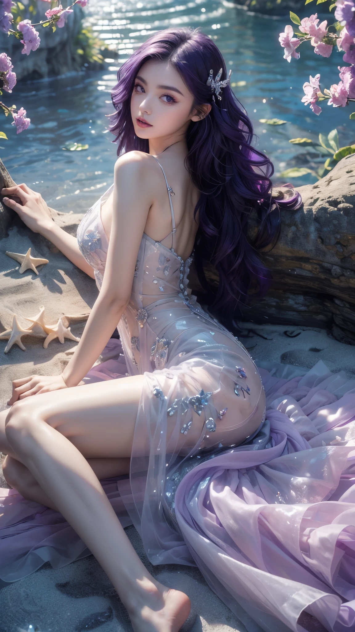 (((RAW photo , Extremely detailed, highest quality, High resolution, alone,)))

break、(contrast:1),  whole body、 Viewed from directly above, Lying in a flower garden, back is on the floor、

break、 (((purple hair beach wave hairstyle ))), (((cosmetics))),big breasts,

break、white effect, white wings:1.2 ,  White Angel:1.2, ((night)) 、

break、Vampire Castle, detailed background,, moon、 

break、antonio riva dress:1.1,Dress made of slightly see-through fabric:1.3、(very complicated:1.2), high fantasy, beautiful face,  pointed ears, 

break,background, monochrome, grayscale, barefoot, break、outdoors、river