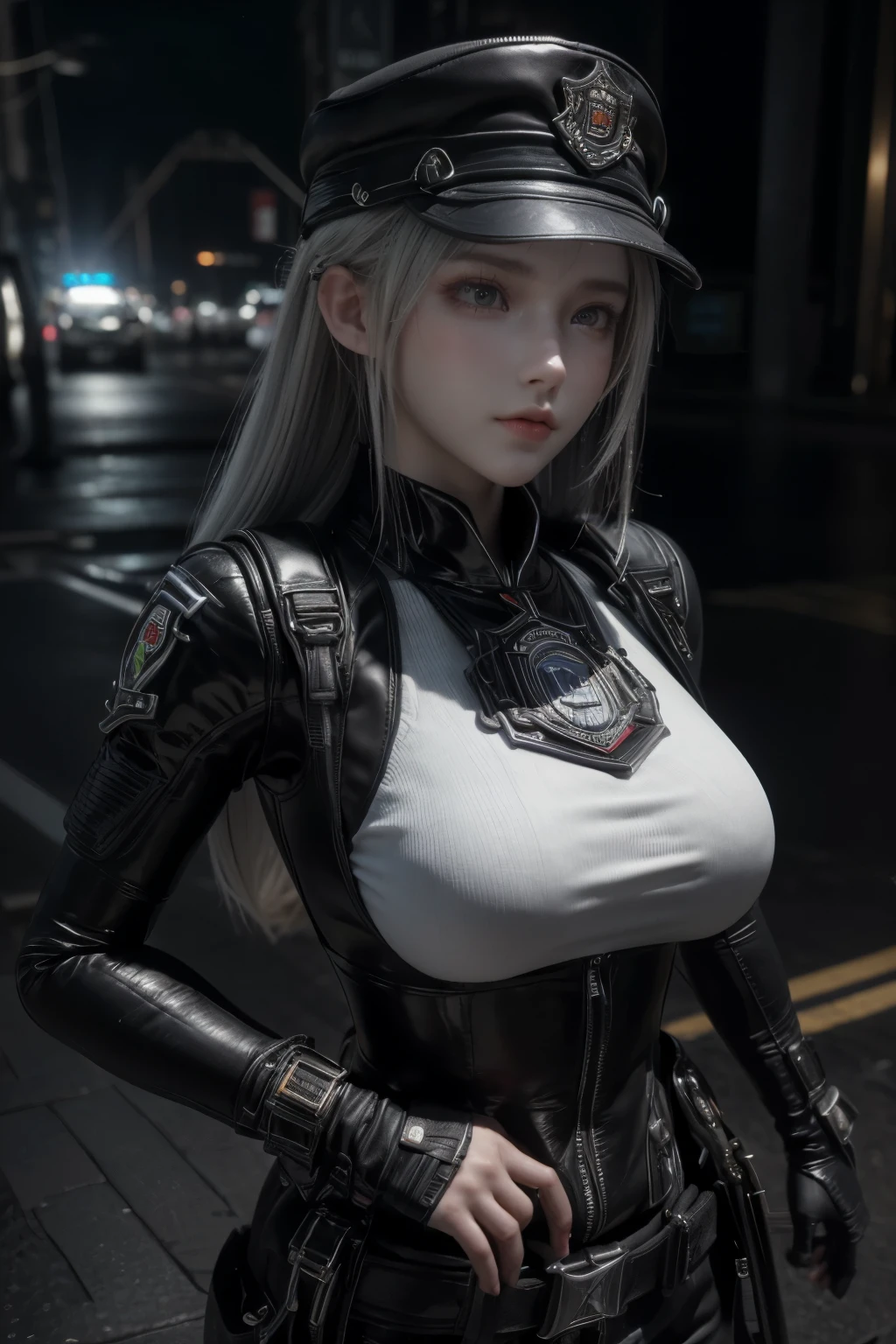 Masterpiece,Game art,The best picture quality,Highest resolution,8K,(A bust photograph),(Portrait),(Head close-up),(Rule of thirds),Unreal Engine 5 rendering works,
20 year old girl,Future World Police,Short hair details,With long bangs,(Short White Hair,Fiery red eyes),(Large, full breasts),(Wearing an unassigned SWAT uniform,A very fine police hat,police badge,Accessories for police operations),Mouth smile,Elegant and charming,Noble and gentle,(Dynamic posture),A top-down view,The neon city of night,
Movie lights，Ray tracing，Game CG，((3D Unreal Engine))，OC rendering reflection pattern