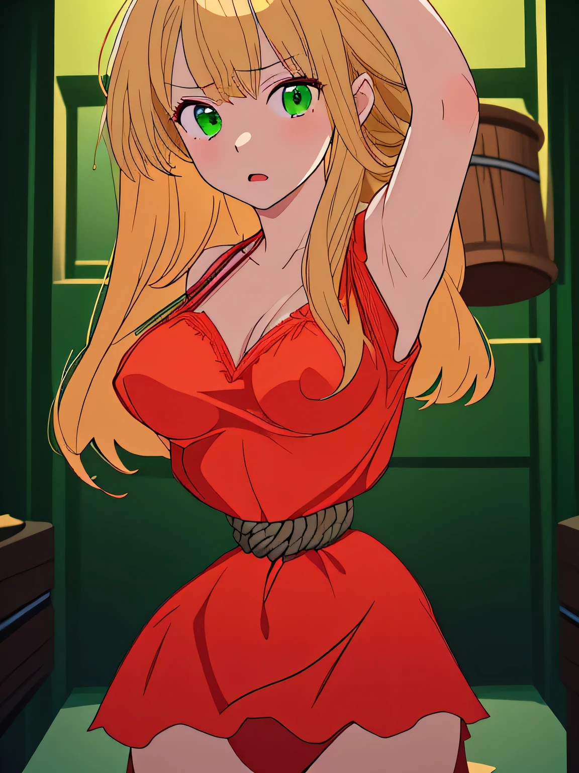 A cartoon image of a woman in a red dress with a wooden barrel - SeaArt AI