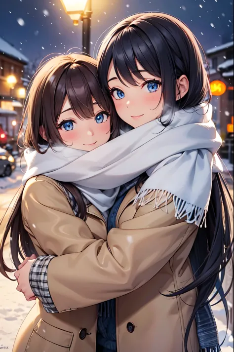 (High quality, High resolution, Fine details), (snowing), (shared_scarf:1.2), (One scarf wrapped around two people:1.2), curvy w...