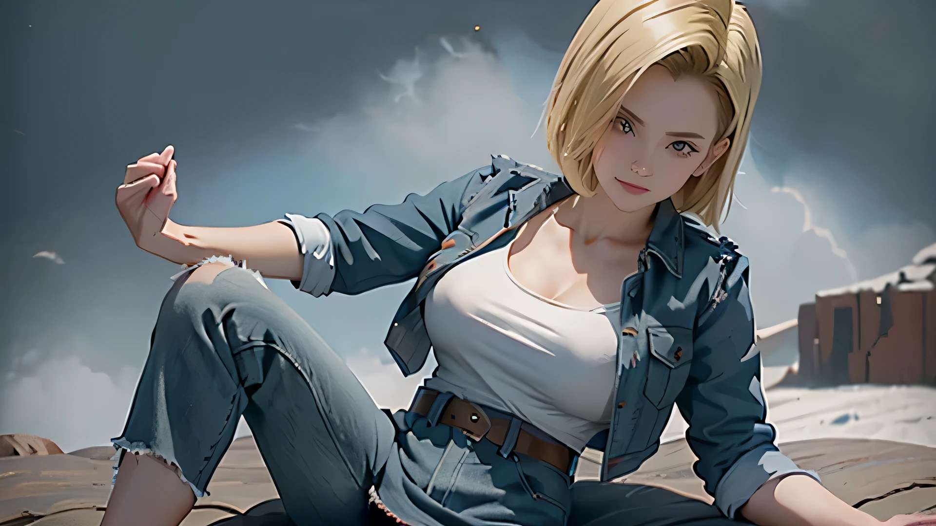 super detailed images, Hmm, 16k, professional photos, (Dragon Ball Z Android 18 Realistic Photo) beautiful girl goddess, very straight short blonde hair, serious expression, ((She is wearing a blue denim jacket and a cropped white shirt, Short white crypt showing breast flesh)), erotic, Open denim jacket shows off her big body, beautiful and perfect chest, (chest, long pointed chest sticking out of the jacket), she has a belt (her blue denim skirt is pulled up、I can see her micro panties sticking out in her pussy., I can see pubic hair), brown boots, perfect hands and fingers,  android 18, sexy saiyan girl, official art, Android-18 sexy woman, official character art, sexy female protagonist, lean、Fits curvy bodies :8, akiri toriyama, director: akira toriyama, , , akira toriyama style, beautiful single character, perfect body,(lie:1.3),