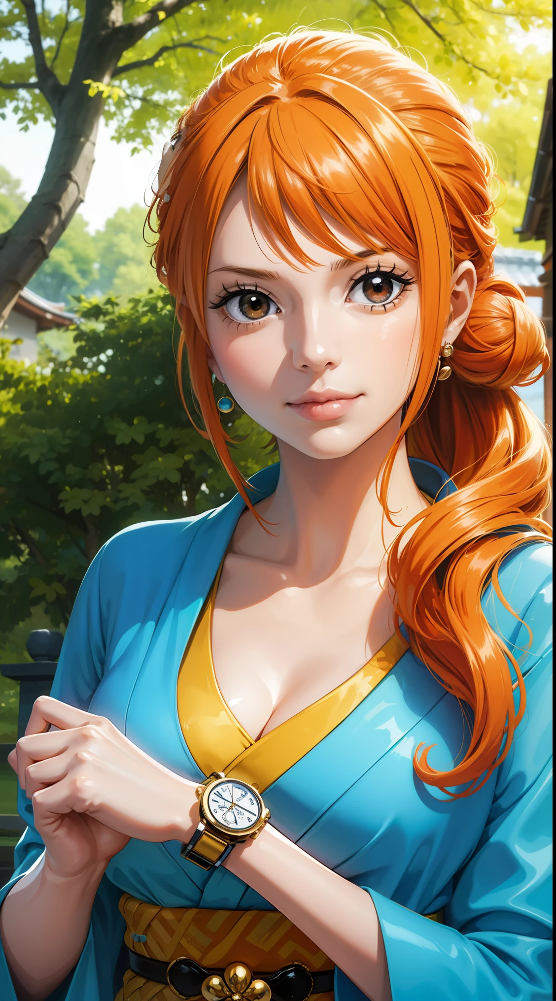 NamiFinal, Nami from the anime One Piece, orange hair, bangs, hair in a bun, beautiful, beautiful woman, perfect body, perfect breasts, wearing a kimono, wearing earrings, wearing a watch, in the park, cherry tree, traditional house japan, looking at viewer, slight smile, realism, masterpiece, textured leather, super detail, high detail, high quality, best quality, 1080p, 16k