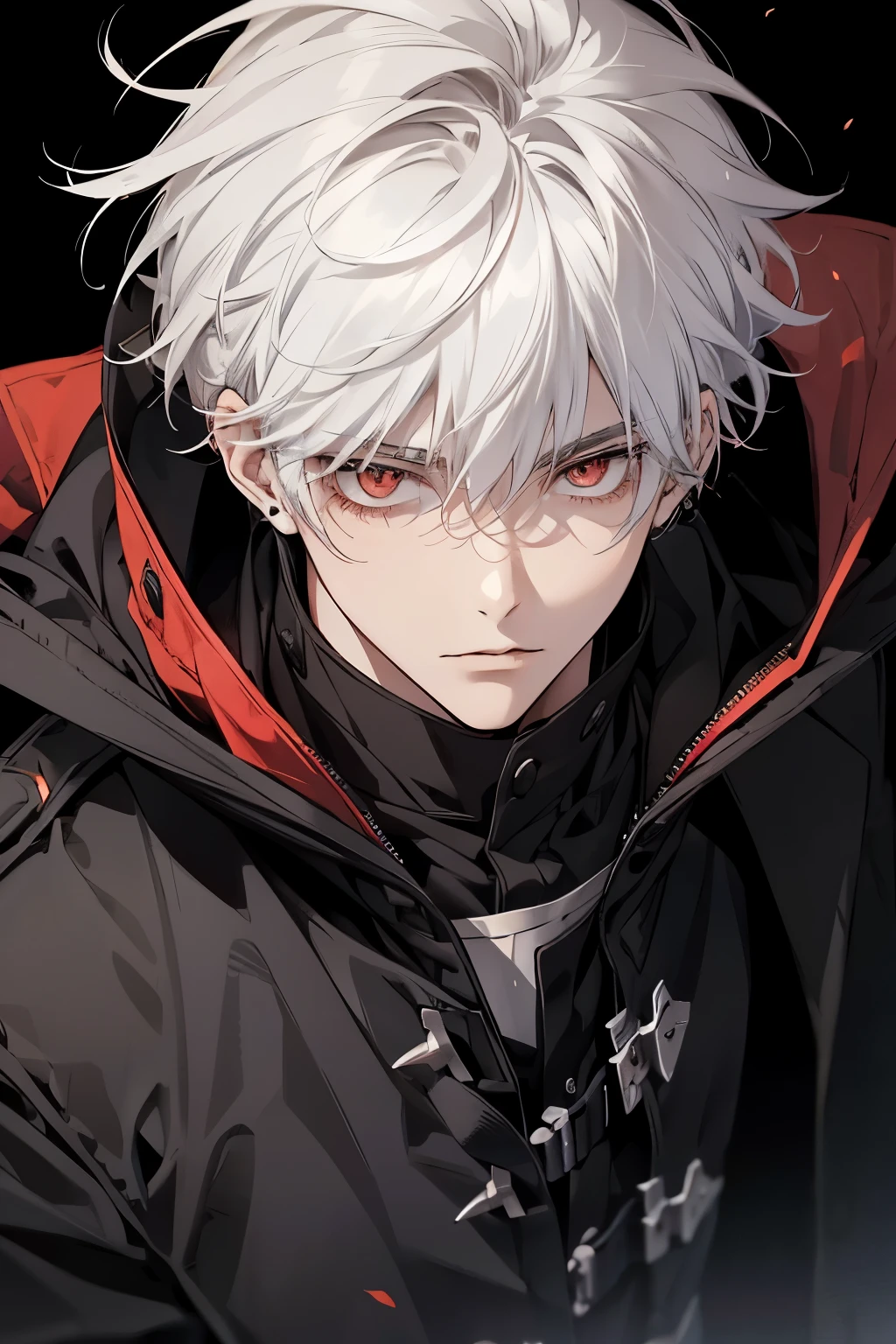 1male, calm, age 25 face, short messy with bangs, white hair, Red colored eyes, Black Coat, black clothes, black background, adult face, modern times, close up, instrument, ear piercing