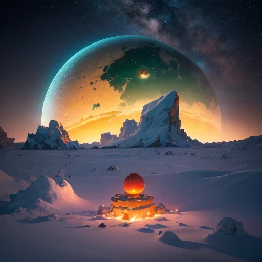 Saturn Landforms，Tilt-shift telephoto，Halogen giant snail god rectangular stone jade bright orange field，AD 6910，Odyssey，Firelight illuminates the ice and snow in the middle of the night，Unreal Engine，Cyberpunk Apocalypse，science fiction stereogram，Digital 3D，CG art