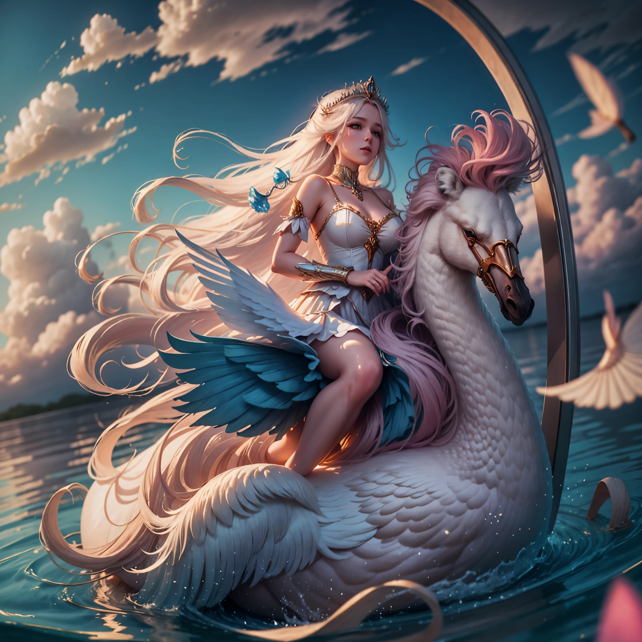 A White two leg Swan ((floating in water)), with flowing wavy mane of white flowing hair afloat with its swan head, a narrow swan beak and a saddle for ridding, a pink fairy queen with short slender legs riding on its swan back like a jockey, of a cotton candy, pink hearts, glass hearts, Queen of hearts, glass swan in a bottle, 36k resolution, fantasy art style, a blue sky and water, a blue day,
