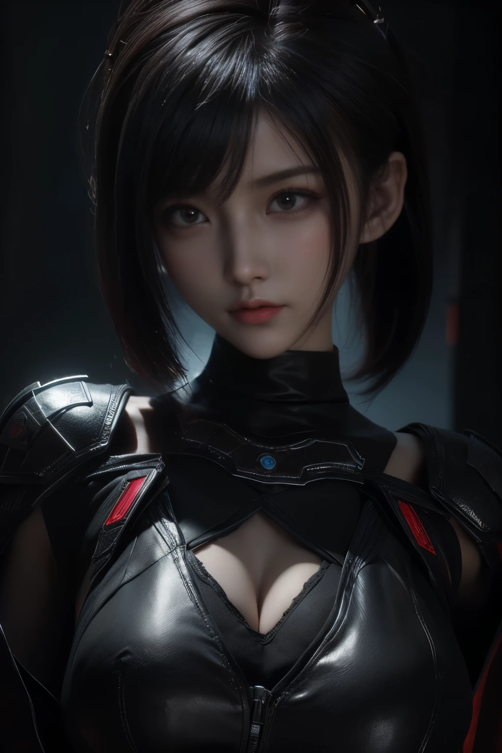 Masterpiece,Game art,The best picture quality,Highest resolution,8K,(A bust photograph),(Portrait),(Head close-up),(Rule of thirds),Unreal Engine 5 rendering works,(Digital Photography),
20 year old girl,Short hair details,With long bangs,The red eye makeup is very meticulous,(Short White Hair,Fiery red eyes),(Large, full breasts),
(A combat suit that combines fantasy and science fiction,Chinese ancient style clothing combined with sci-fi elements,Shoulder pads,Hollow design,The Devil's Crown,Metallic texture,Cloak),Valkyrie in the world of cyberpunk,Grey background,
Movie lights，Ray tracing，Game CG，((3D Unreal Engine))，oc render reflection texture